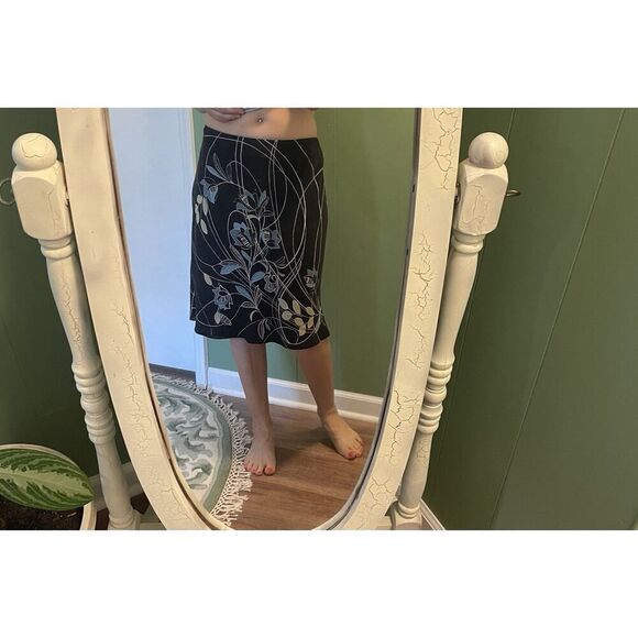 Loft Women's Black Silk Skirt Size 6 Blue & Yellow Floral Print Lined Size 10 - Picture 2 of 7